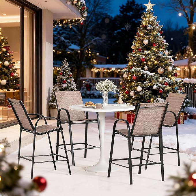 HOMREST Outdoor Bar Height Stools Set of 4,High Back Patio Chairs with Armrests,Textilene Chairs with Breathable Fabric & Metal Frame for All Weather,Brown HOMREST