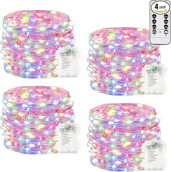 4Pack 80Ft 240LED Fairy Lights Battery Operated with Remote, Waterproof String Lights with Timer for Indoor & Outdoor, Twinkle Lights Battery Powered for Bedroom Christmas Decorations (Multicolor) BHCLIGHT