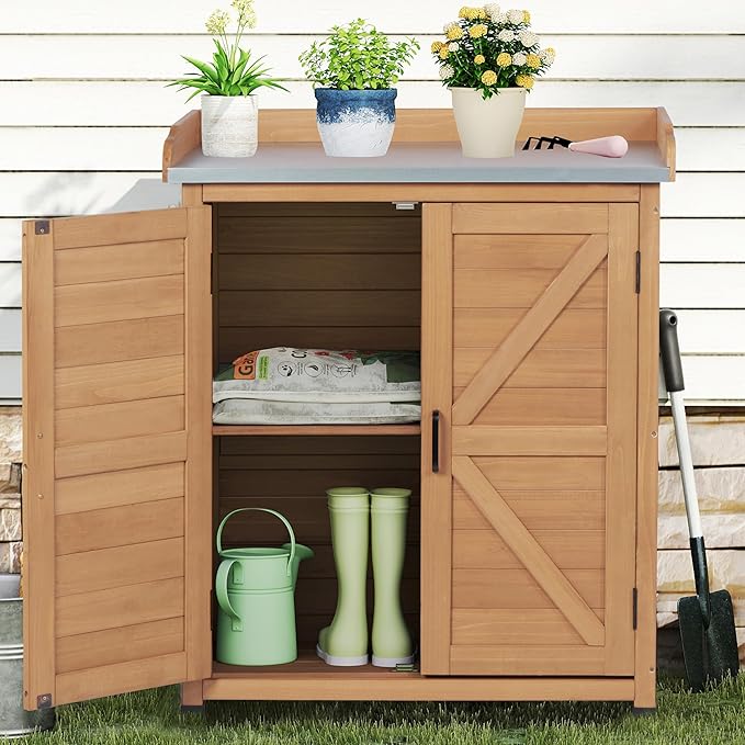 Outdoor Storage Cabinet & Potting Bench Table with Metal Top, Wooden Patio Furniture, Garden Workstation (Light Brwon, 39x31.5x17in) OutdoorFurniture
