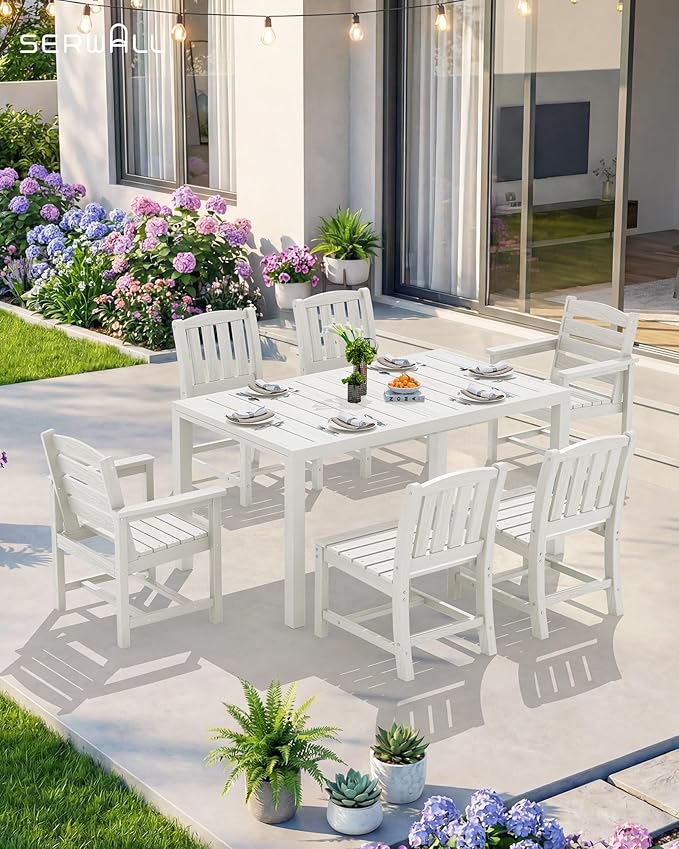 SERWALL 9-Piece Outdoor Dining Set, 60" - 83" Expandable Outdoor Dining Table and 8 HDPE Chairs, All Weather HDPE Outdoor Furniture Set for Backyard, Garden, White SERWALL