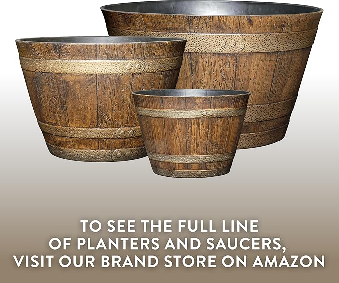 Classic Home and Garden Outdoor Whiskey Resin Flower Pot Barrel Planter, Walnut Brown, 20.5" (2 Pack) ClassicHomeandGarden