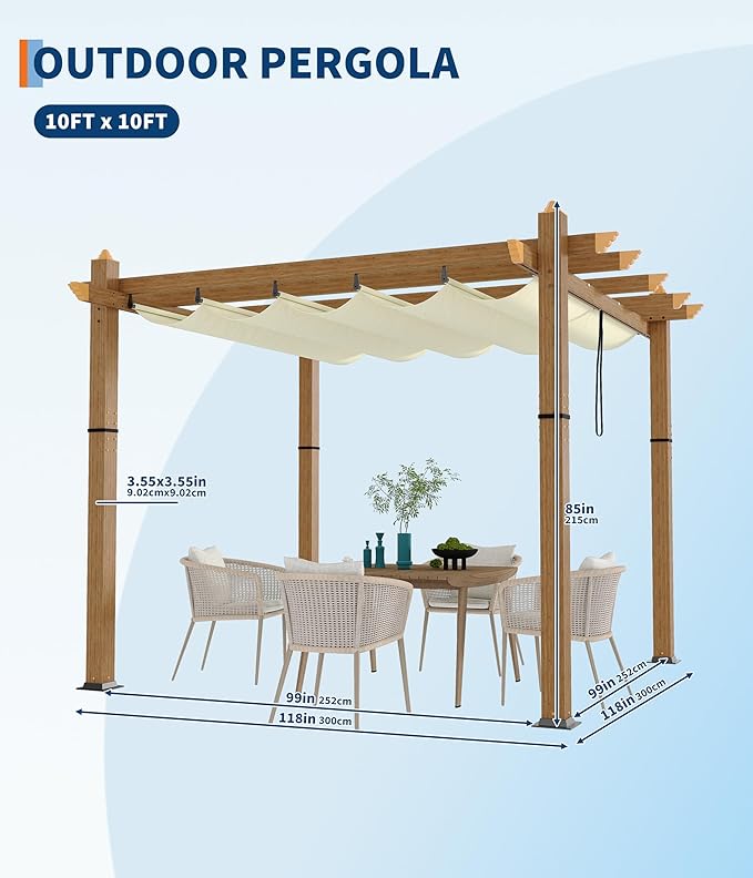 10 x 10 ft Aluminum Pergola with Adjustable Canopy, Outdoor Metal Pergola, Imitation Wood-Grain Sun Shade Shelter for Garden Patio Backyard Deck BouPower
