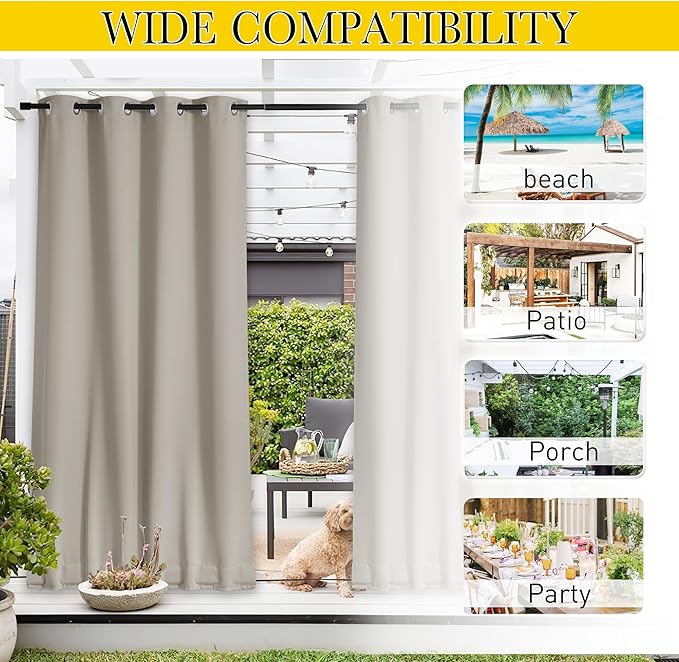 NICETOWN 2 Panels Outdoor Curtains for Patio Extra Wide 84", Waterproof & Windproof Grommet & Back Tab Fixed Top and Bottom Sun Blocking Privacy Drapes with Rope for Gazebo, Natural, W84 x L84 NICETOWN