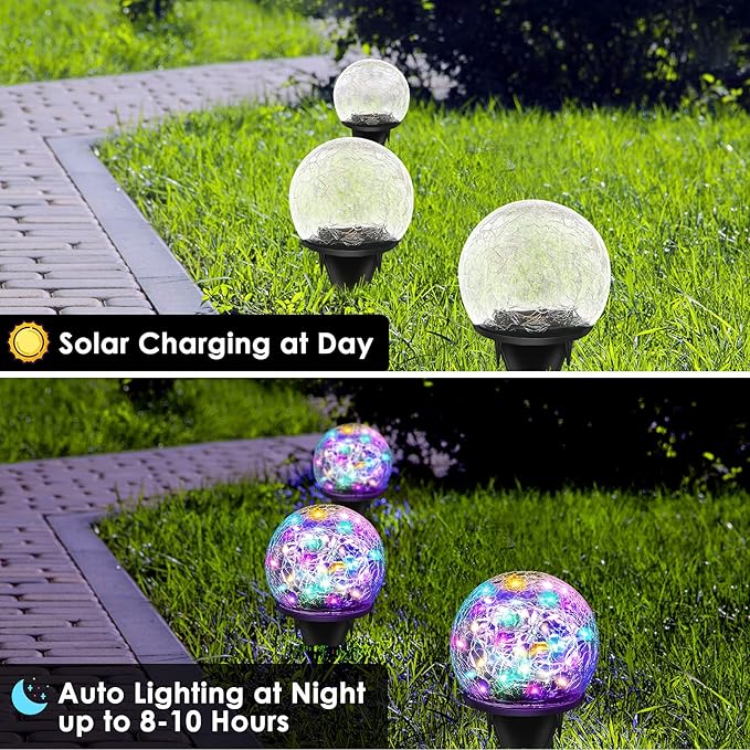 2 Pack 60 LED Garden Solar Lights Outdoor Decorative, Colored Cracked Glass Solar Globe Lights, Upgraded Waterproof Multicolor Ball Lights for Yard Pathway Patio Lawn Outside Decor Keevvon