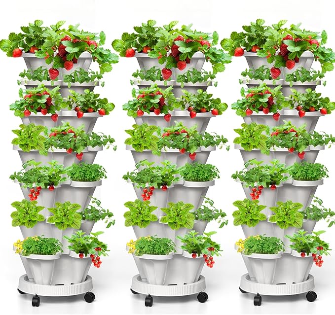 7 Tiered Strawberry Vertical Planter Tower Garden 3 Pack, Stackable Planter Herb Garden Planter with Movable Casters and Bottom Saucer Indoor and Outdoor - White Tectsia