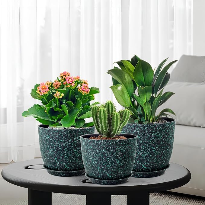 Large Flower Pots 12/10/9 inch, Set of 3 Decorative Plastic Planters with Drainage Holes and Saucers for Garden House Plants, Plant Pots for Indoor Outdoor Plants, Black with Green Speckles WSMKSZ