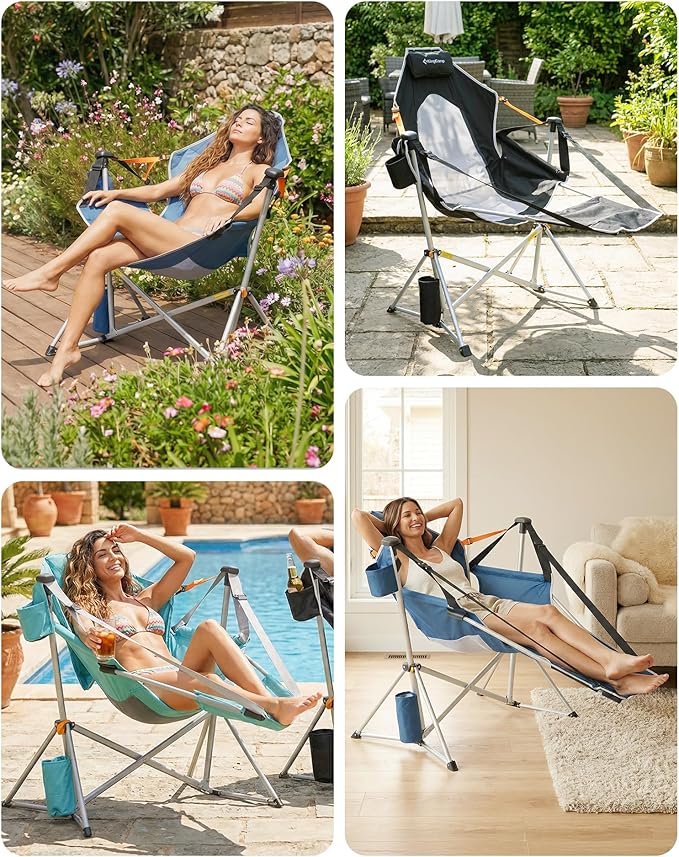 KingCamp Hammock Chair with Footrest – Heavy Duty Swinging Rocking Camping Chairs for Adults up to 400lbs, Folding Portable Oversized Rocker with Cup Holder & Pillow for Outdoor Beach Lawn RV Sports KingCamp