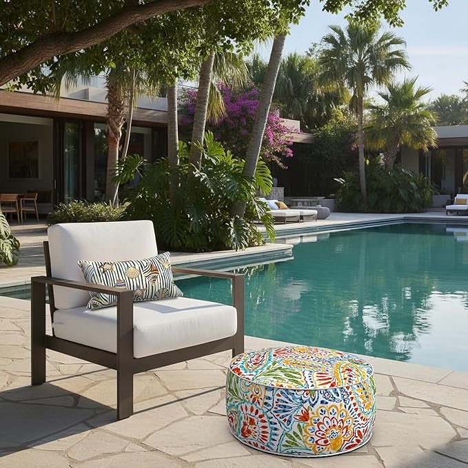 LVTXIII Indoor/Outdoor Inflatable Ottoman with Handle D21 x H9 Inch, Weather-Resistant Round Footstool Pouf for Patio Camping Living Room, Portable Footrest Extra Seating, Paisley Ummi Multi LVTXIII
