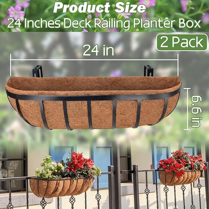 ZeeDix 24 Inch Railing Planter Box, 2 Pack Metal Window Boxes with Coco Liners for Railing, Hanging Flower Boxes for Deck Porch Balcony & Fence Outdoor Indoor Lawn ZeeDix