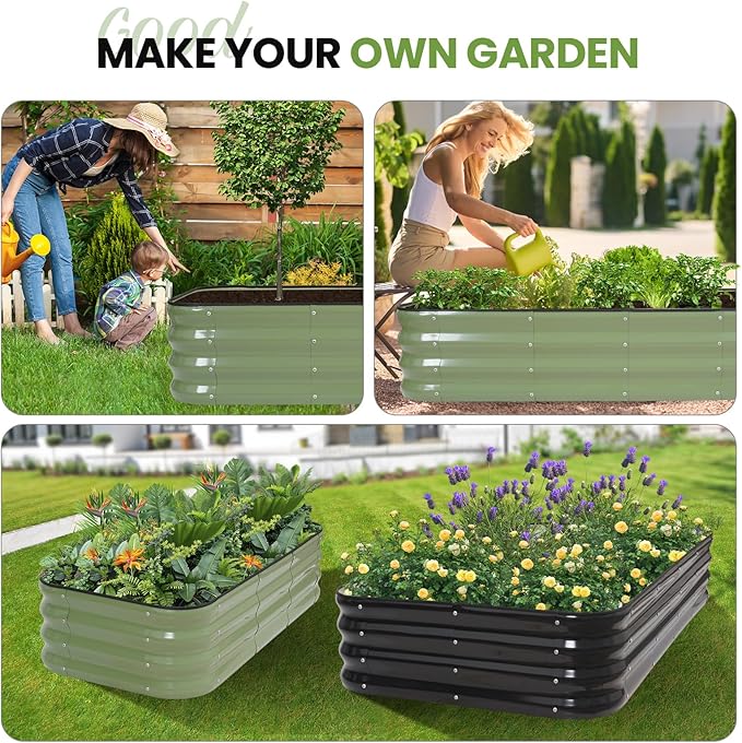 2Pcs 3-in-1 Adjustable Raised Garden Bed Kit | Galvanized Planter Boxes for Vegetables, Flowers | 12" Tall, Multiple Sizes (4x2x1ft, 3x3x1ft, 5x1x1ft) | Outdoor Metal Raised Bed for Gardening, , Green GGOODGAIN