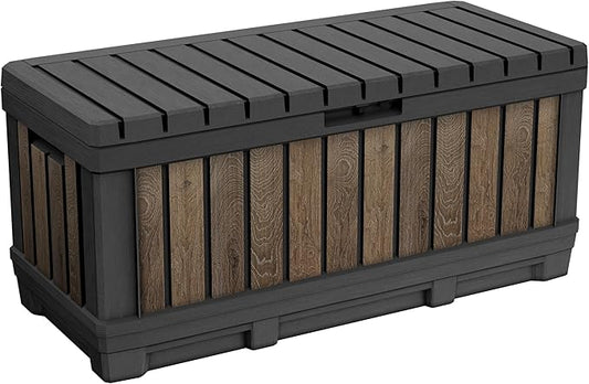 Keter Signature Collection 92 Gallon Resin Deck Box Organization and Storage Box for Patio Outdoor Cushions, Throw Pillows, Garden Tools and Pool Supplies, Walnut Keter