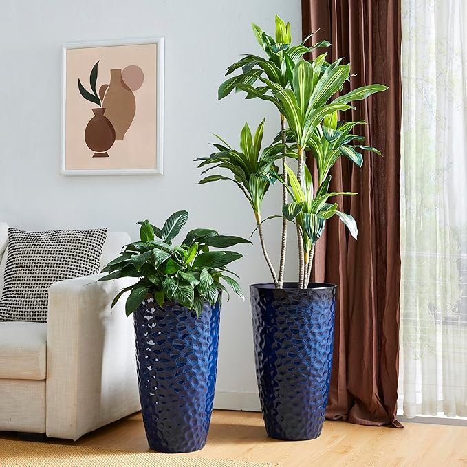 Glitzhome 23.75" H Oversized Tall Planter,Modern Set of 2 Honeycomb Textured Gradient Cobalt Blue Round Garden Plant Pots with Drainage Holes Flower Containers for Indoor Outdoor,Front Porch,Patio Glitzhome