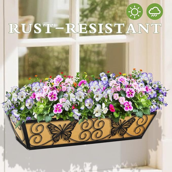 4 Pack 24 Inch Window Boxes Planters Railing Planter Box with Adjustable Brackets for Porch Fence Patio Balcony Hanging Flower Baskets with Woven Fabric for Outdoor Garden Decor - Black KarlliuHOMEGARDEN