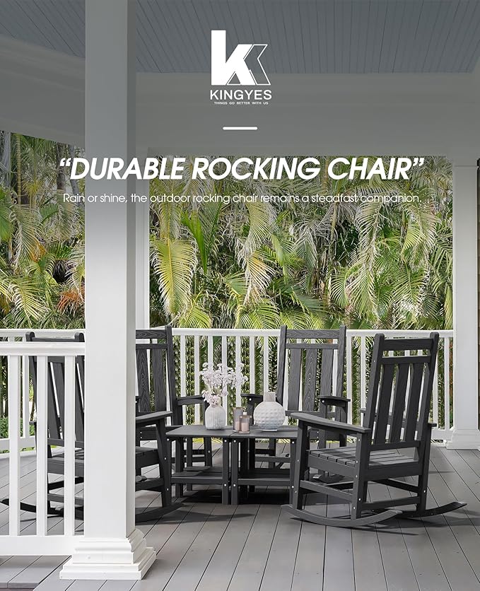 KINGYES Oversized Outdoor Rocking Chair, All-Weather Patio Rocking Chairs for Porch, HDPE Outdoor Patio Rockers with High Back & Wide Seat for Garden, Lawn, Black KINGYES