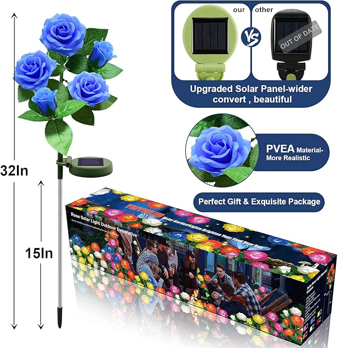 Solar Flower Lights Outdoor - Upgraded Realistic LED Solar Powered Waterproof Lights with 5 Roses, Solar Decorative Stake Light for Garden (Blue, 2 Pack) LightYourLife