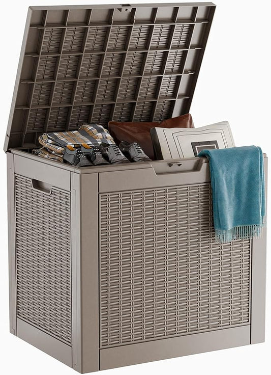 31 Gallon Outdoor Deck Box, Lockable Waterproof Outdoor Storage Boxes For Garden Tools,Indoor Cushions,Accessories Outside Storage Resin Weatherproof Container(Grey) MAIUSCOLI