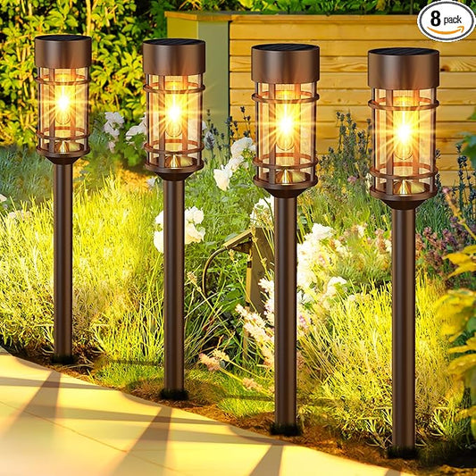 Solar Pathway Lights Outdoor Solar Lights 8 Pack Metal & Glass Design - Waterproof Auto On/Off Bright Long-Lasting Garden Landscape Lighting Walkway Driveway ILANCK