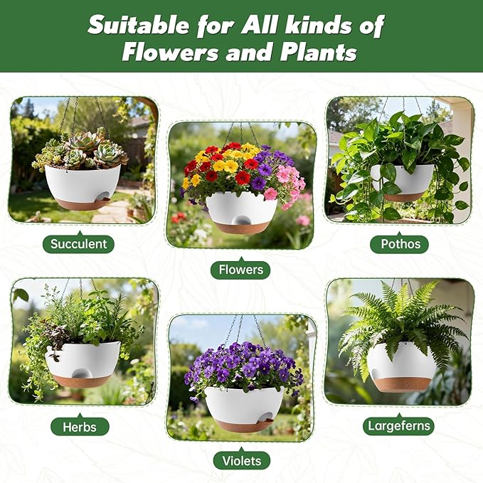 3-Piece Set of 10-Inch Hanging Planters with Automatic Watering System and Drip Tray, Includes Metal Chain, Suitable for Various Indoor and Outdoor Plants and Flowers, White-Brown Rootora