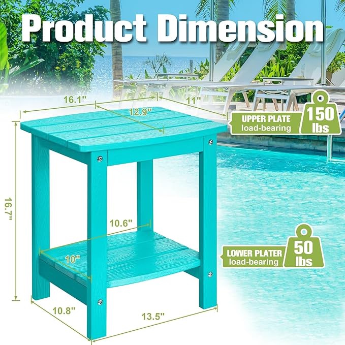 Y&M Outdoor Side Table, HIPS Adirondack Small Double Layer Table, Waterproof Square Balcony Modern End Tables for Patio, Pool, Beach, Porch, Deck, Indoor or Outdoor Use, Aruba Blue YM