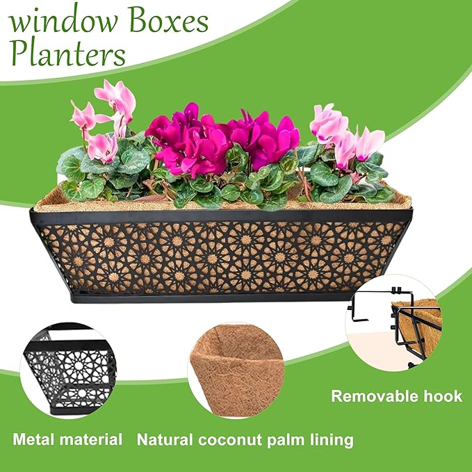 2 Pack 30" Railing Planter Window Box Deck Balcony Rail Planters Black Metal Flower Basket Horse Trough Planter with Coco Fiber Liner for Porch Fence Patio Outdoor EIMQUVW