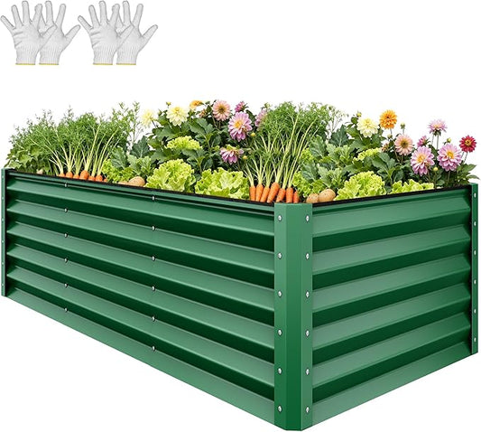 YITAHOME 8x4x3ft Large Raised Garden Bed Kit, Galvanized Metal Planter Box with Gloves, Support Rod & Safety Rubber, Outdoor Above Ground Planters for Plants Vegetables Flowers, Green YITAHOME