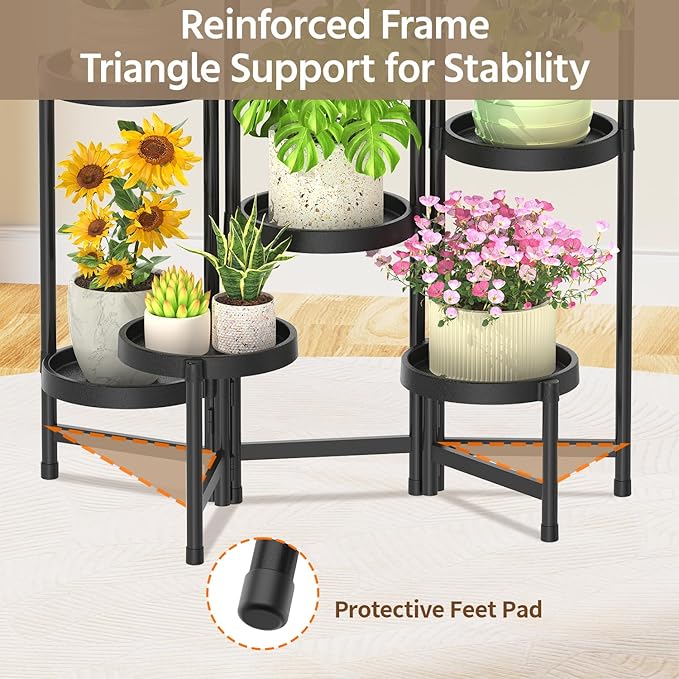 LASZOLA 8 Tiered Folding Plant Stand Indoor for Multiple Large Planter, Tall Heavy Duty Adjustable Rack with Rust Proof Plastic Shelving, Sturdy Vertical Tree Organizer for Narrow Inside Floor, Black LASZOLA