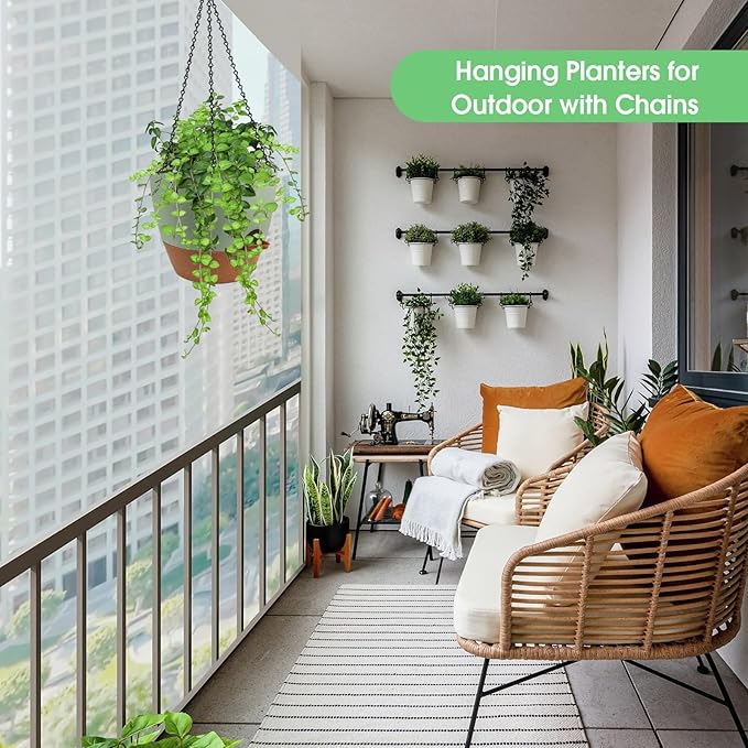 Hanging Planters for Indoor Outdoor Plants, 2 Pack Self Watering Hanging Pot with Drainage Holes, Removable Tray & 2 Kinds of Plant Hangers, 10'' Hanging Flower Pots for Home Garden Decor, Green Vanslogreen