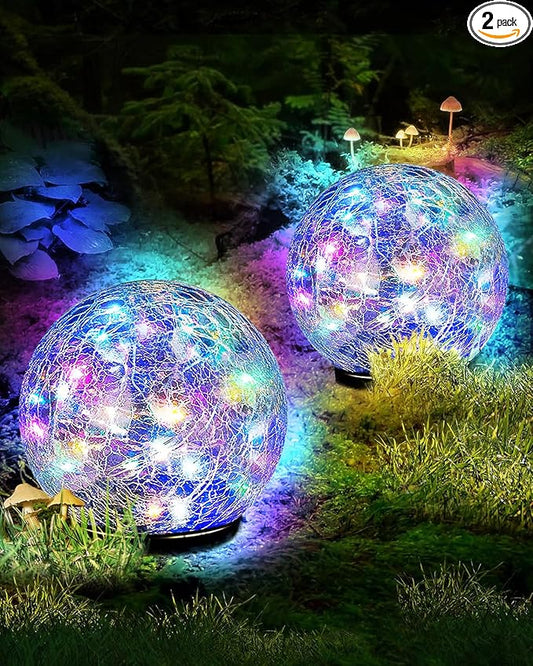 Coroor Garden Solar Ball Lights Outdoor Waterproof, 50 LED Cracked Glass Globe Solar Power Ground Lights for Path Yard Patio Lawn, Outdoor Decoration Landscape Colorful(2 Pack 4.7'') Coroor