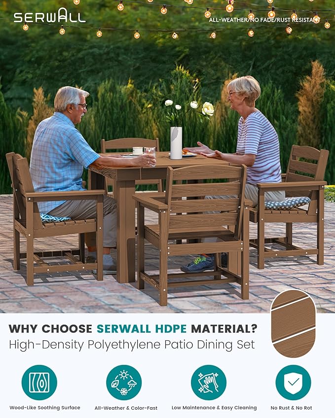 SERWALL Outdoor Dining Set for 4, HDPE Square Table and Chairs Set All Weather Patio Dining Set with 4 Classic Dining Chairs, 5-Piece Patio Dining Furniture for Deck, Brown SERWALL