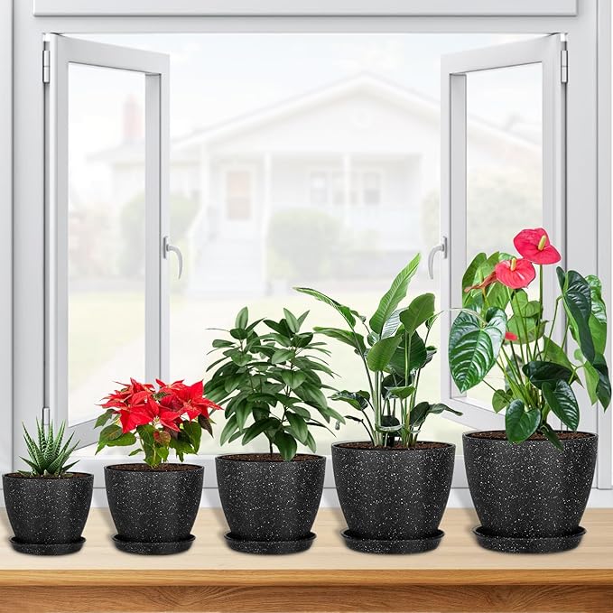 5 Pcs Plant pots, 7.5/6.5/5.7/4.9/4.1 inch Pots for Plants, Flower Pot Indoor Modern Decorative Plant Pot, Plant Pots Indoor with Drainage and Saucer for All House Plants (Drainage Set of 5 Black) LOKEISNA