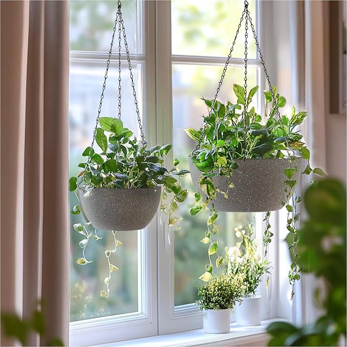 T4U Hanging Planters for Indoor Outdoor Plants 2 Pack - 12 Inch Grey Hanging Plant Basket with Drainage Hole, Round Hanging Flower Plant Pot for Garden Home Decor(Grey) T4U