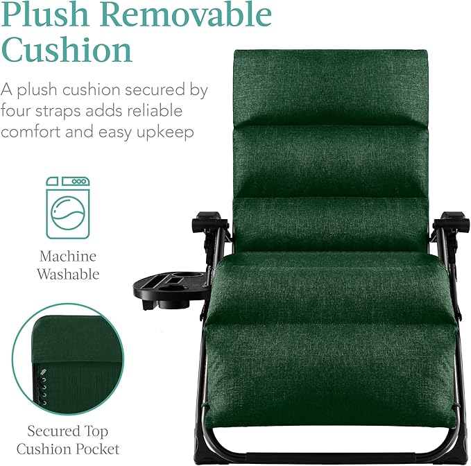 Best Choice Products Oversized Zero Gravity Chair, Folding Outdoor Patio Recliner, XL Anti Gravity Lounger w/Removable Cushion, Cup Holder, Side Tray, 350lb Capacity - Forest Green BestChoiceProducts