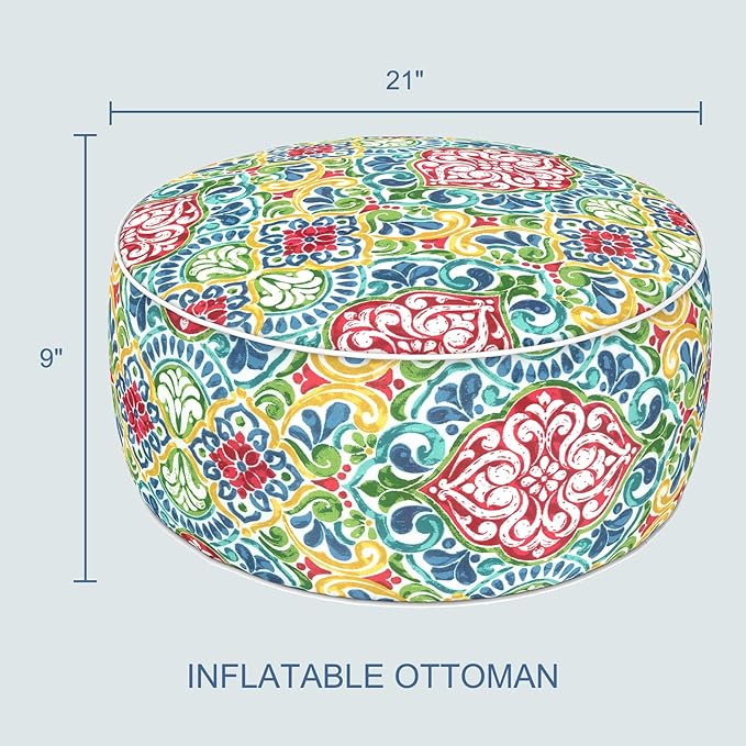 LVTXIII Indoor/Outdoor Inflatable Ottoman with Handle D21 x H9 Inch, Weather-Resistant Round Footstool Pouf for Patio Camping Living Room, Portable Footrest Extra Seating, Damask Red LVTXIII