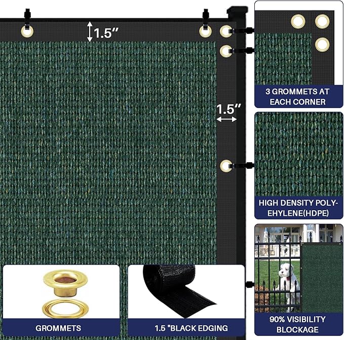 Windscreen4less Privacy Fence Screen Heavy Duty Windscreen Fencing Mesh Fabric Shade Net Cover with Brass Grommtes for Outdoor Wall Garden Yard Pool Deck, 6'x92' Green Windscreen4less