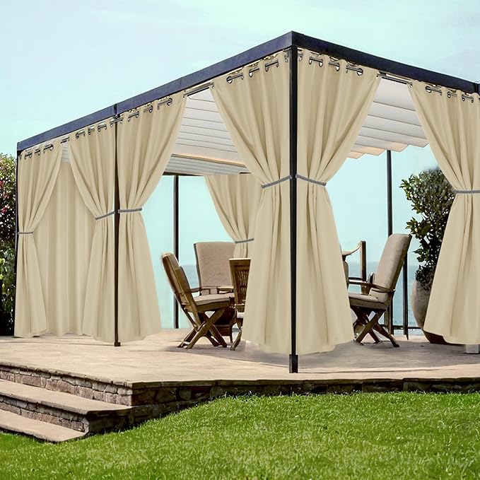 HolidayIdeas Grommet Outdoor Curtains for Patio Waterproof 8 Pcs All Weather Balcony Outside Curtain Drapes for Apartments, Gazebo, Pergolas, Porch, 54x84 Inch, Cream HolidayIdeas