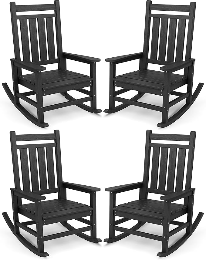 SERWALL Oversized Outdoor Rocking Chair Set of 4, HDPE Rocker for Adults, Patio Rocking Chairs for Porch, Black SERWALL
