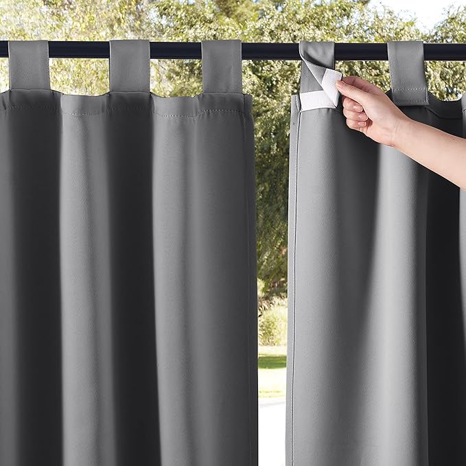 NICETOWN 2 Panels=104" Width Patio Curtains Outdoor Waterproof Extra Long 108" Length, Self-Stick Tab Top Thermal Insulated Blackout Vertical Drape Window Treatment for Lawn & Garden, Grey NICETOWN