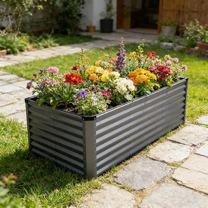 GARDMAX 8x4x2FT Galvanized Raised Garden Bed Kit, Metal Planter Boxes Outdoor with Easy Assembly, Large Garden Bed for Vegetables, Fruits, Flower, Herbs Rectangle Silver ChooseGardmaxforbetterlife