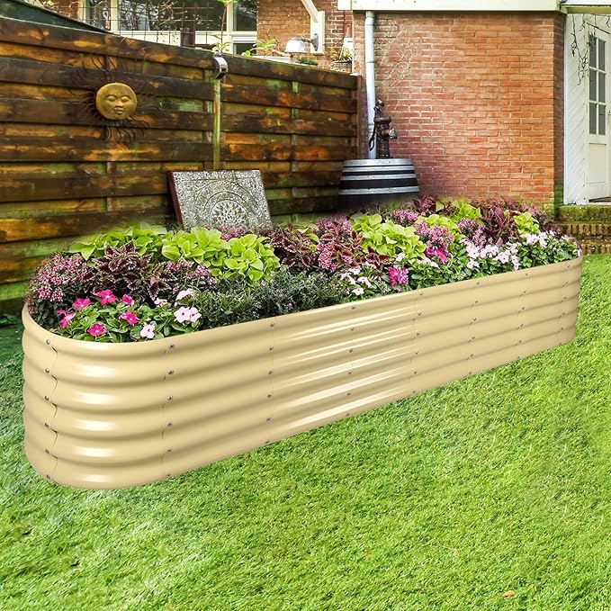 Land Guard 8×2×1.5ft Galvanized Raised Garden Bed Kit, Raised Garden Boxes Outdoor, Oval Metal Raised Garden Beds for Vegetables, Cream Yellow LandGuard