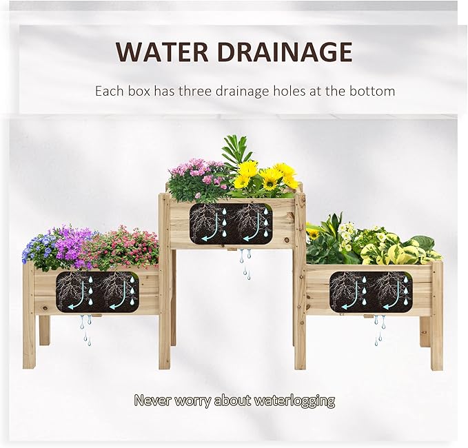 Outsunny Raised Garden Bed with 3 Planter Box, Elevated Wooden Plant Stand with Drainage Holes, for Vegetables, Herb and Flowers, Natural Outsunny