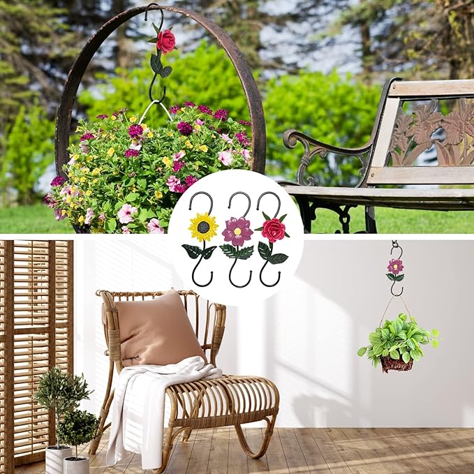 S Hooks for Hanging Plants, Set of 3 Black Metal Plant Hangers, Beautiful and Vivid Plant Hook for Garden Planters, Flower Baskets, Pots, Bird Feeders Outdoor Indoor Kitwinney