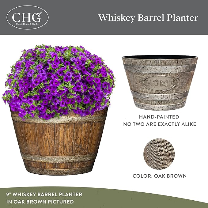 Classic Home and Garden Whiskey Barrel Planters - Home Flower Planter Pot - Decorative Garden Pots - Indoor & Outdoor Resin Planters - Weather-Resistant Planting Pots (15" Oak Brown, Pack of 1) ClassicHomeandGarden
