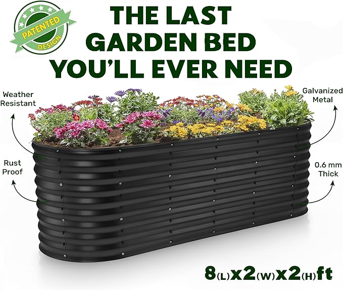 Plant & Plot Galvanized Raised Garden Beds Outdoor // 8×2×2 ft Planter Raised Beds for Gardening, Vegetables, Flowers // Large Metal Garden Box (Black) // Patented Tool-Free Design PlantPlot