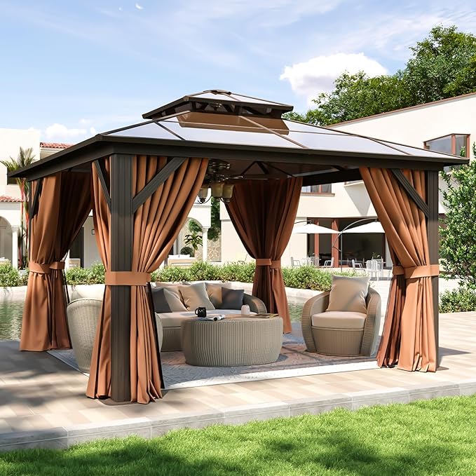 Aoxun 12'x12' Hardtop Gazebo, Aluminum Frame Permanent Pavilion with Curtains and Netting, Outdoor Polycarbonate Double Roof Canopy, Designed for Garden, Lawns, Patio, Brown Aoxun