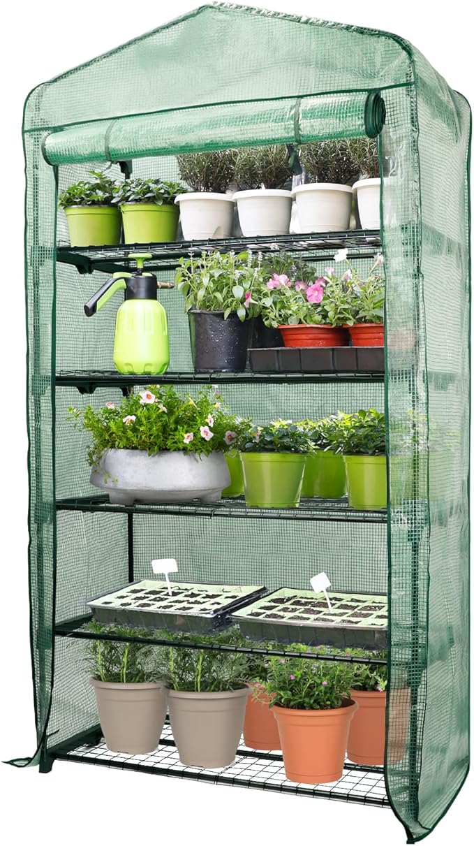 Worth Garden 50% Extra Wide Mini Greenhouse 5 Tier Portable Plant Green House 40in Wide -Sturdy Gardening Shelves with PE Cover & Roll-Up Zipper Door - Indoor & Outdoor Use - 19″W. x 40″L. x75″H. WORTH
