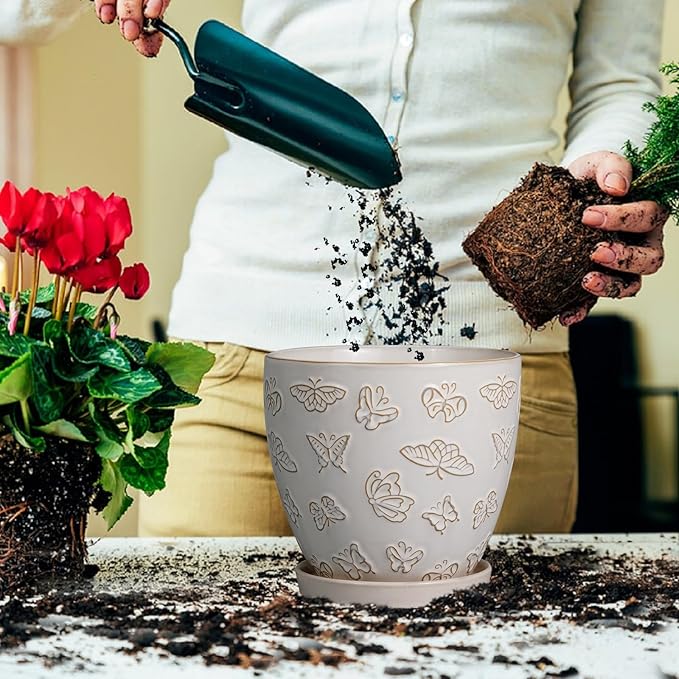 Ceramic Planter Pot - 6.8 Inch Plant Pot with Drainage Hole and Saucer, Succulent Round Flower Pot for Plants Indoor Outdoor, White EPFamily