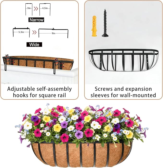 36'' Window Box Railing Planter with Coco Liner,4 Pack Horse Trough Planters Black Metal Hanging Flower Planters Basket for Porch Fence Patio Indoor Outdoor Lawn Qusuxi