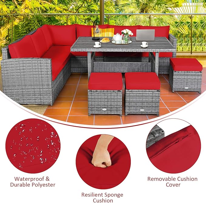 Tangkula 7 Pieces Patio Furniture Set, Outdoor Sectional Rattan Sofa Set with Cushions, All Weather Wicker Conversation Couch Set w/Dining Table & Ottomans for Backyard Garden Poolside TANGKULA
