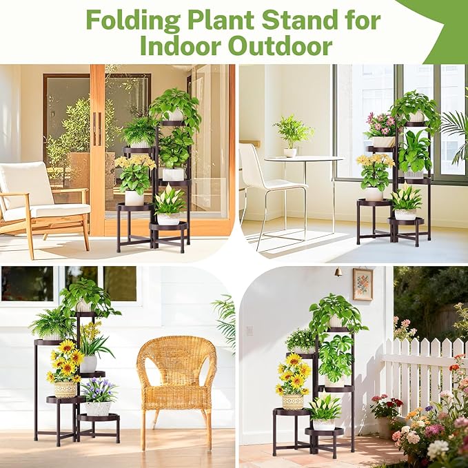 iDavosic.ly 5 Tier Folding Plant Stand Indoor Outdoor with Plastic Tray, Tiered Corner Flower Holder Shelf, Metal Orchid Display Rack for Patio Porch Living Room Garden Balcony, Bronze iDavosicly