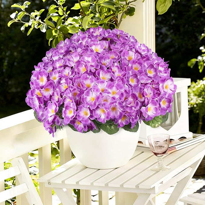 Artificial Geraniums Flowers for Outdoors, 6 Bundles Realistic Silk Fake Geranium, UV Resistant Faux Plants for Hanging Baskets, Window Boxes, Planters - Porch, Patio, Garden Decor(Purple) AmberFun